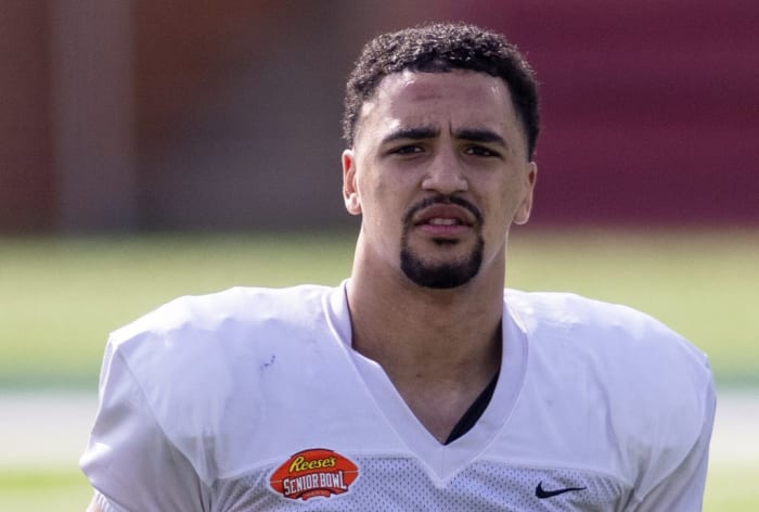 Jan 27, 2021; National defensive lineman Elerson Smith of Northern Iowa (47) during National practice at Hancock Whitney Stadium in Mobile, Alabama.